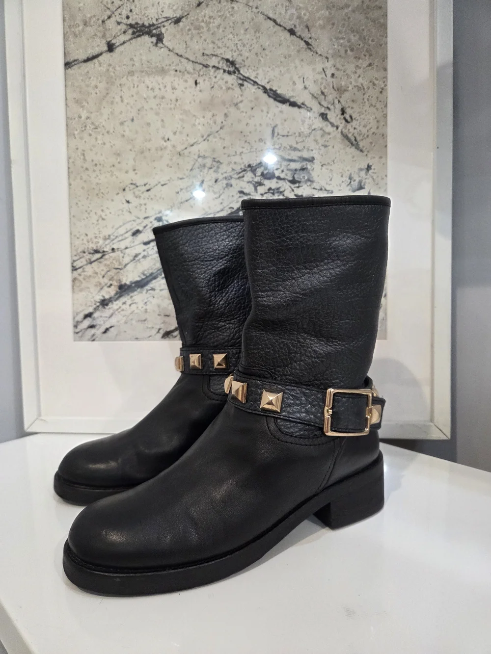 Medea Black Studded Genuine Leather Mid-Calf Boots Sz 38